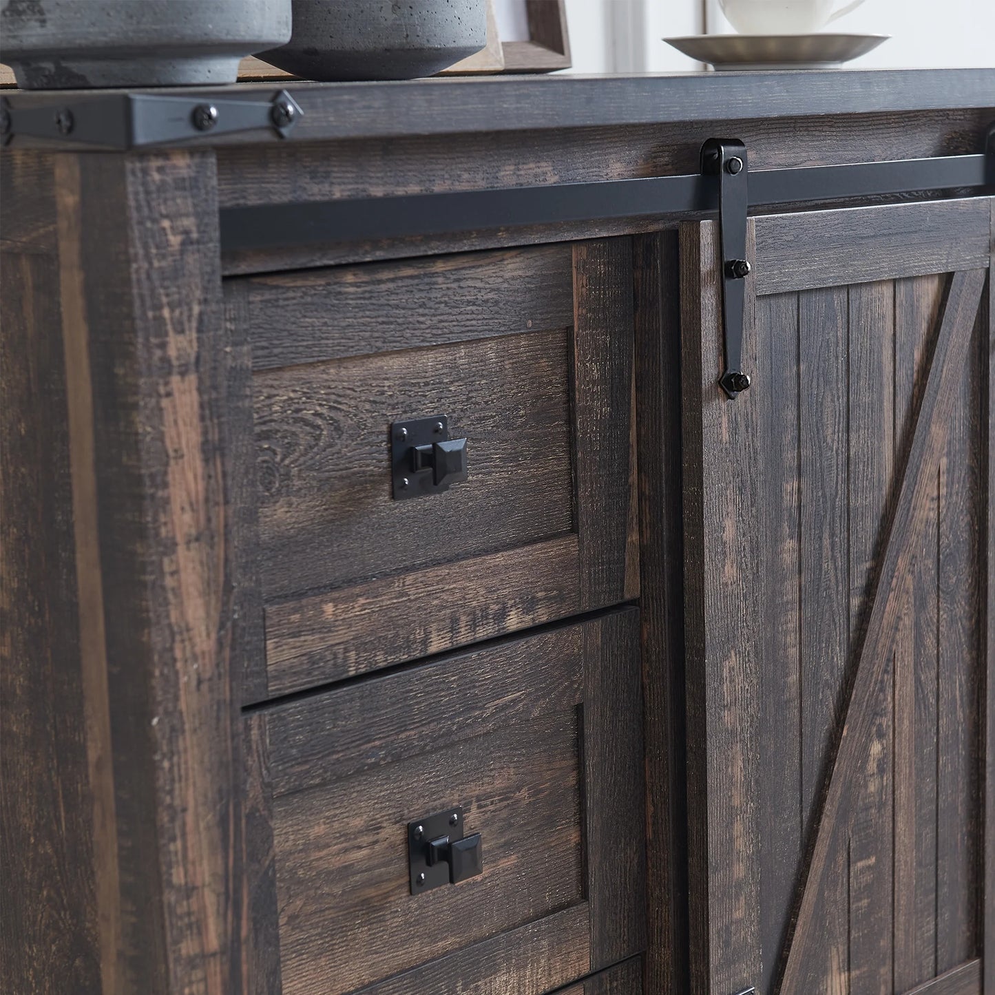 Modern Farmhouse 5-Drawer Dresser with Barn Door, Adjustable Storage Cabinet for Bedroom Living Room, Light Rustic Oak