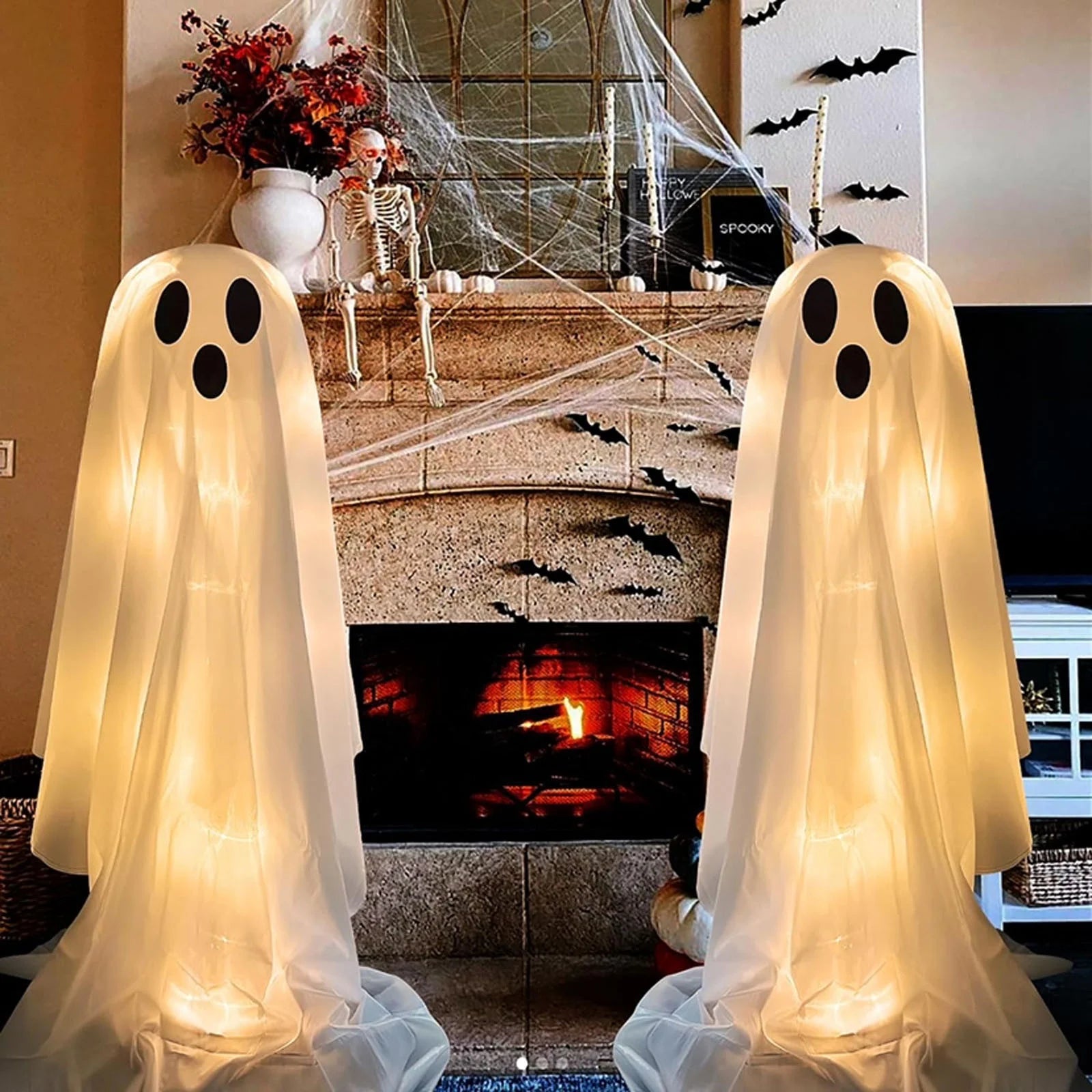 Decorations Outdoor, Large Lighted White Cloth Ghosts, 49 Inches Standing White Ghost, Home Courtyard Lawn Party Decoration (Cute)