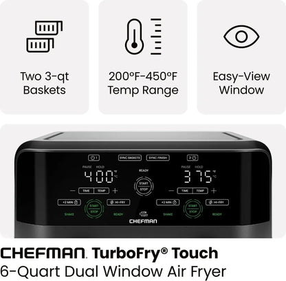 CHEFMAN 6 Quart Dual Basket Air Fryer Oven with Easy View Windows, Sync Finish, Hi-Fry