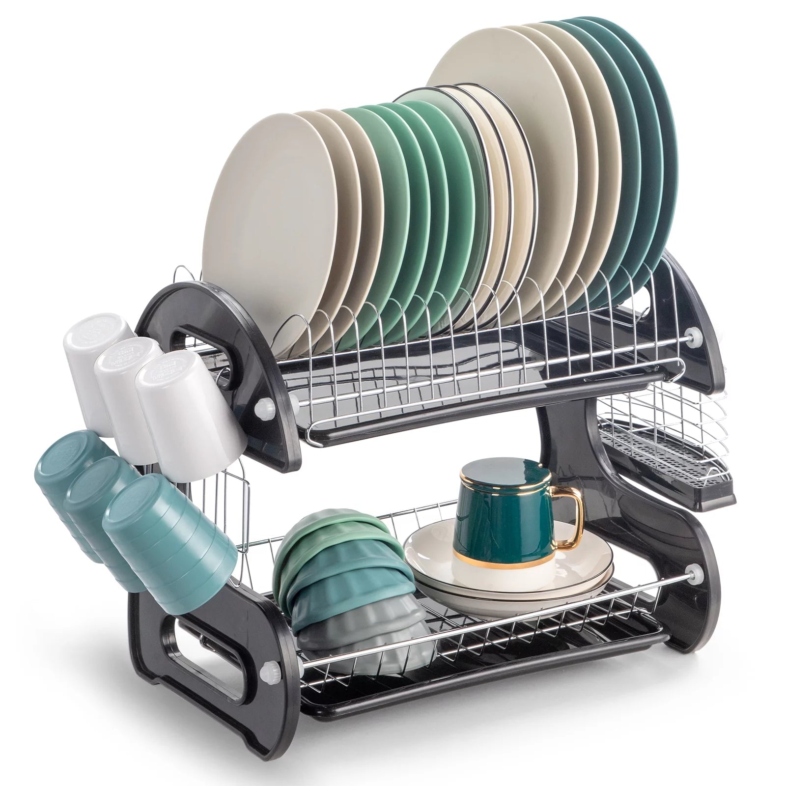 2 Tier Dish Drainer Drying Rack Large Capacity Kitchen Storage Stainless Steel Holder,Washing Organizer - Overall Dimensions: 22.83" X 11" X 14.57" (L X W X H)