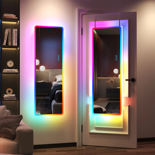 47"X16" Full Length Mirror with Lights, Dimmable Brightness + Adjustable Speed, 14 Kinds RGB Color Changing Lighted Mirror, Wall Mount/Door Hanging Full Body Mirror