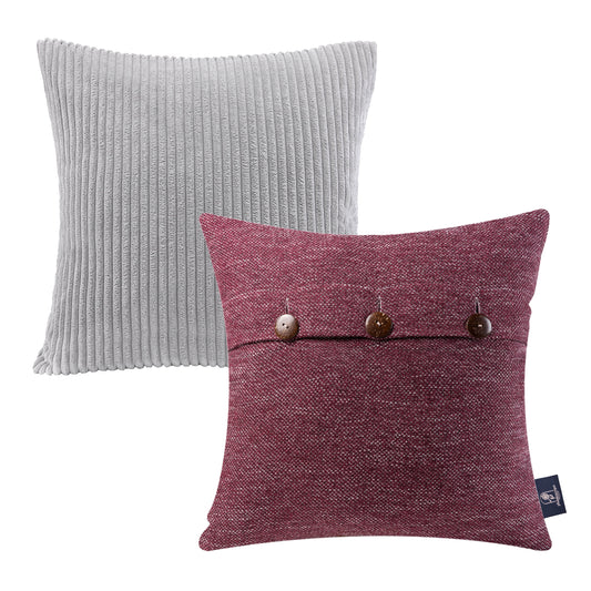 Decorative Throw Pillow Set, Soft Corduroy Striped Velvet & Triple Buttons Cotton Blend Series Bundle, for Sofa Couch Bedroom, Light Gray & Wine Red, 18" X 18"