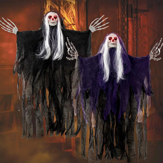 2 Pack Halloween Hanging Skeleton Ghost Decorations - 37” Led Light up Red Eyes Hanging Grim Reapers with Hair for Halloween Indoor Outdoor Decoration Supplies