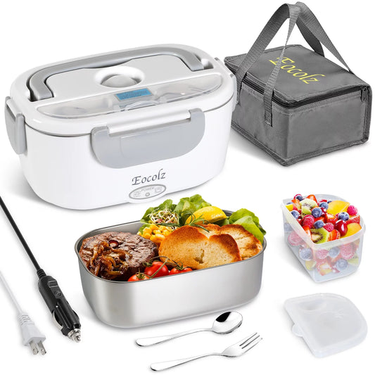 Electric Lunch Box 60W Food Heater Warmer,  2 in 1 Portable Lunch Box for Car Truck Home Work Leak Proof with 1.5L Removable 304 Stainless Steel Container & Spoon 2 Compartments 110V 12V 24V