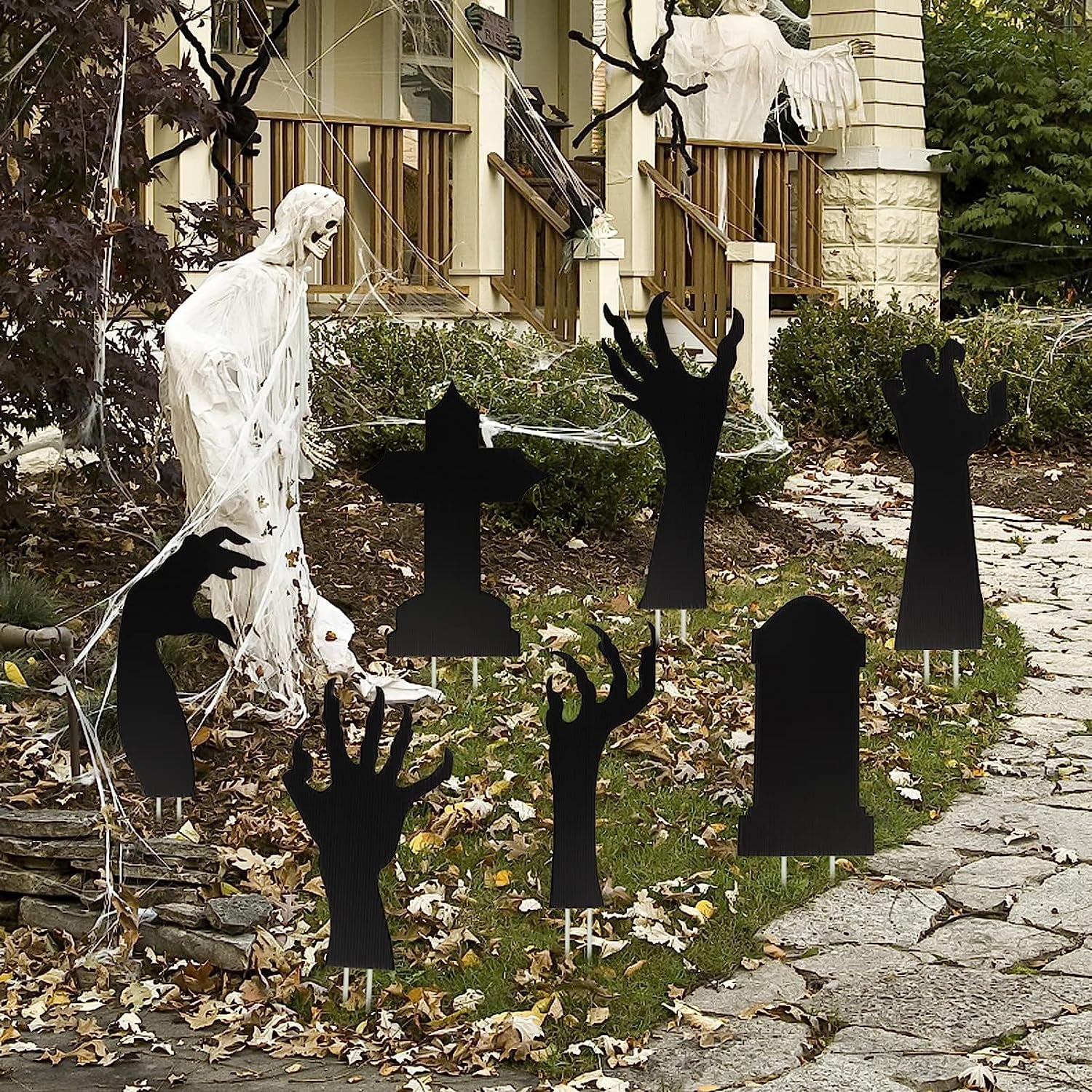 7Pcs Halloween Decorations Outdoor Black Hand Tombstones Yard Signs with Stakes for Halloween Scary Graveyard Cemetary Yard Lawn Decor