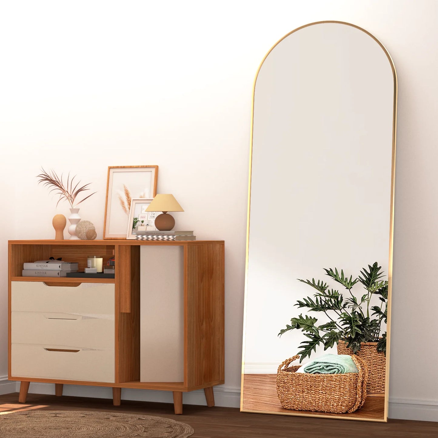 Full Length Mirror Arched Mirror, Floor Mirror with Stand, Full Body Mirror 64"X21" Gold Arch Standing Mirror Large Bedroom Mirror Standing