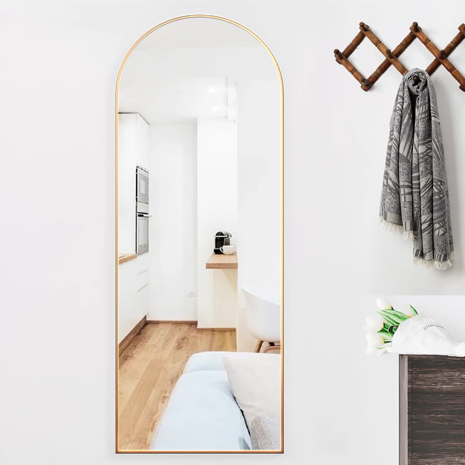 Full Length Mirror Arched Mirror, Floor Mirror with Stand, Full Body Mirror 64"X21" Gold Arch Standing Mirror Large Bedroom Mirror Standing