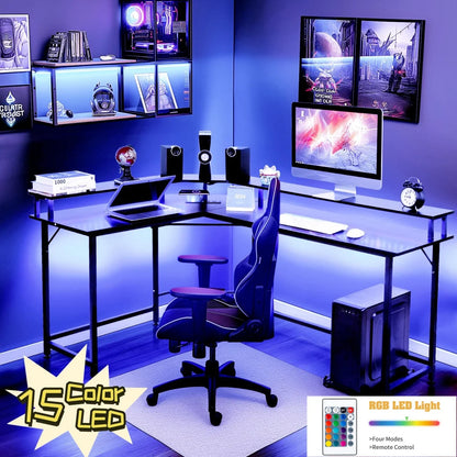 L-Shaped Gaming Desk with USB Wireless Charging, 55" Computer Desk with Monitor Stand, Corner Writing Desk with LED Light, Black