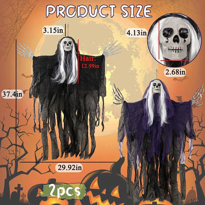 2 Pack Halloween Hanging Skeleton Ghost Decorations - 37” Led Light up Red Eyes Hanging Grim Reapers with Hair for Halloween Indoor Outdoor Decoration Supplies